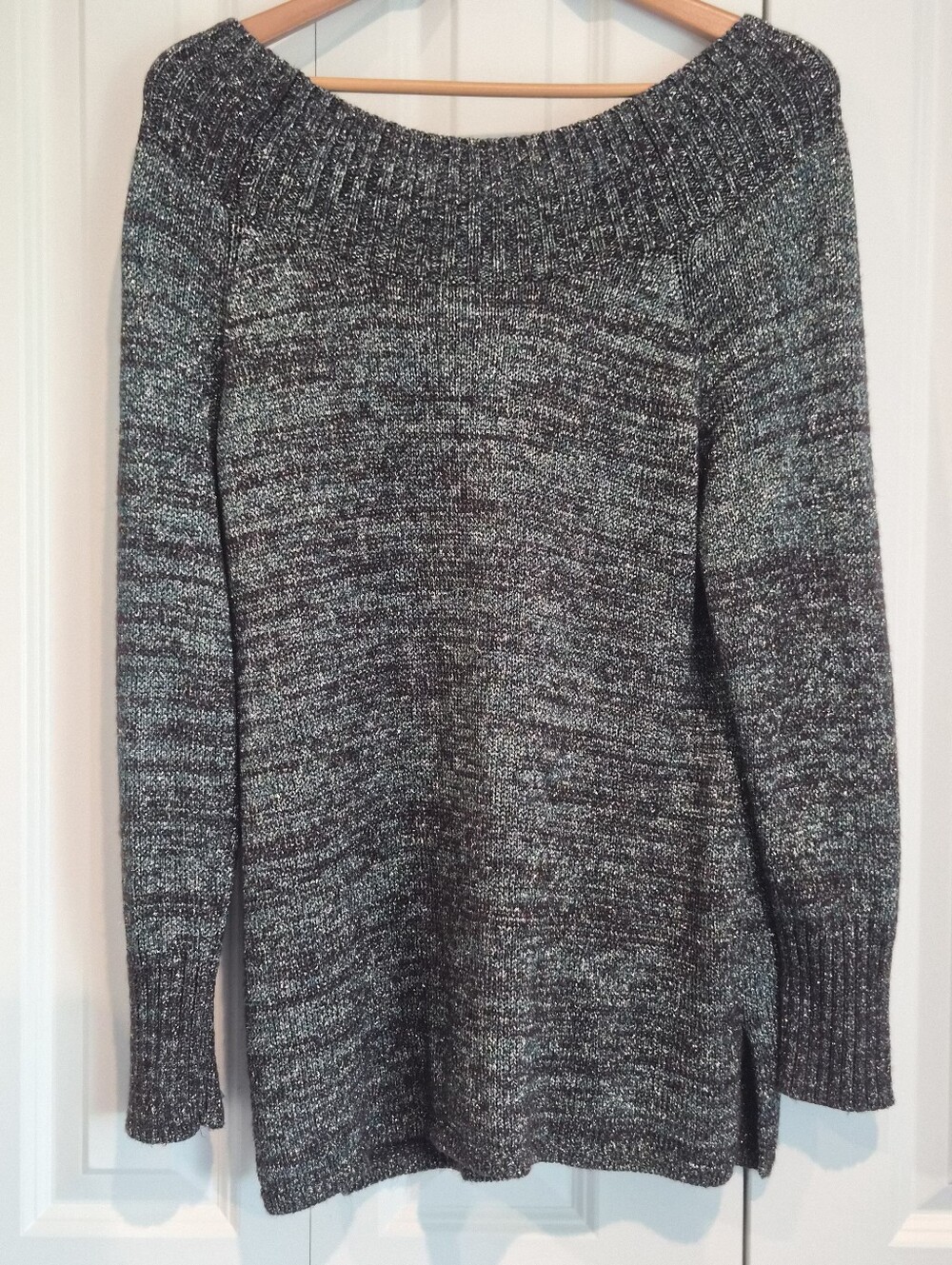 Chico's Teal Marled Metallic Sweater Size 2 Large Boatneck Long Sleeve